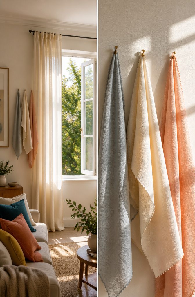 Curtain swatches in various colors displayed in sunlight.