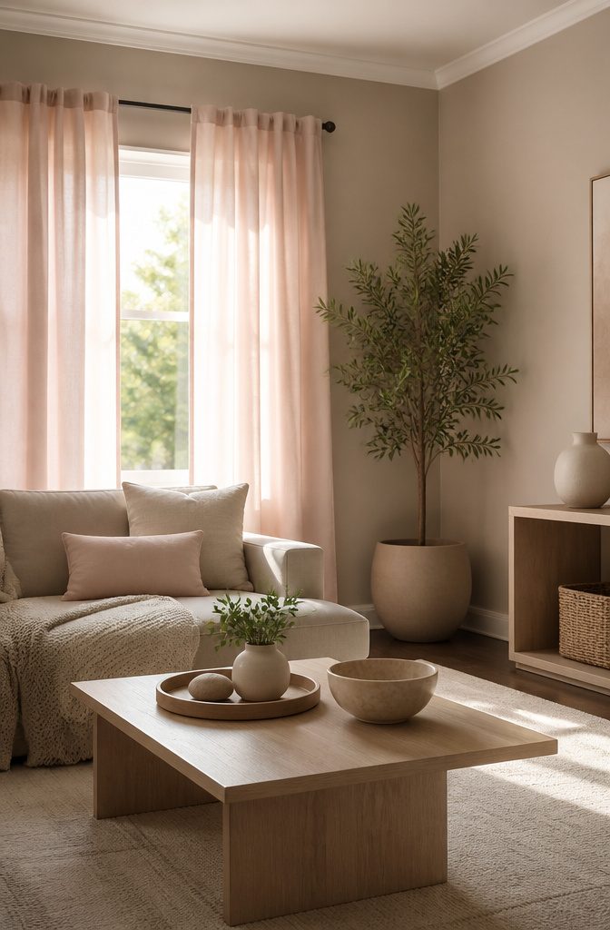 Blush curtains draping over greige walls in a sunlit room.