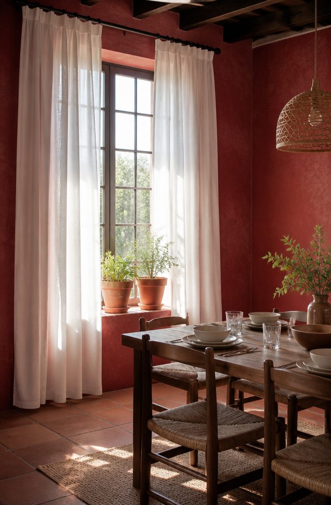 White curtains in a room with red walls and natural light.