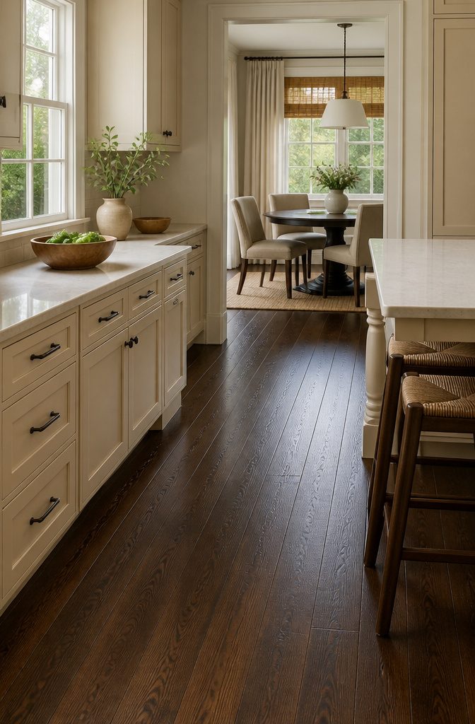 Kitchen with beige cabinets and dark hardwood floors.