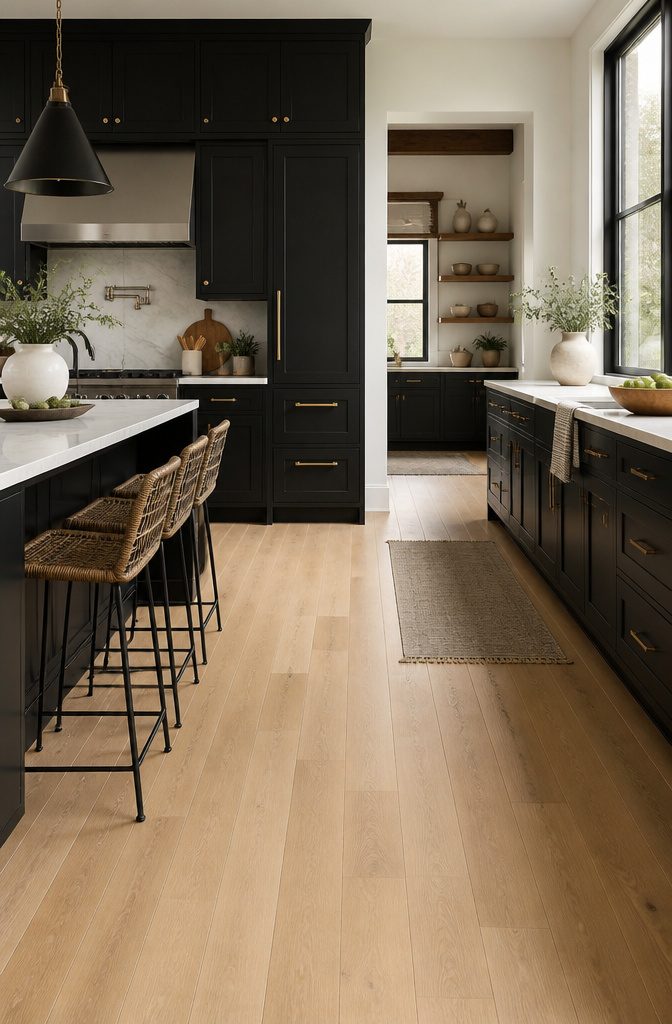 Kitchen with black cabinets and blonde hardwood floors.