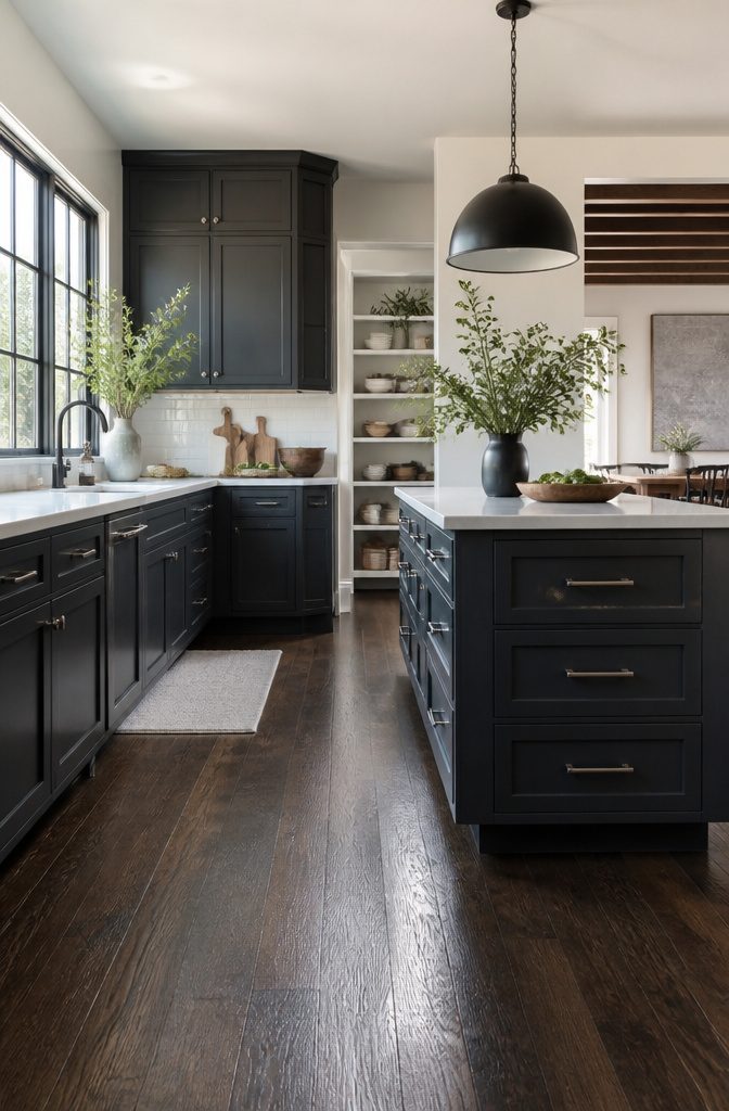 Kitchen with charcoal gray cabinets and dark hardwood floors.