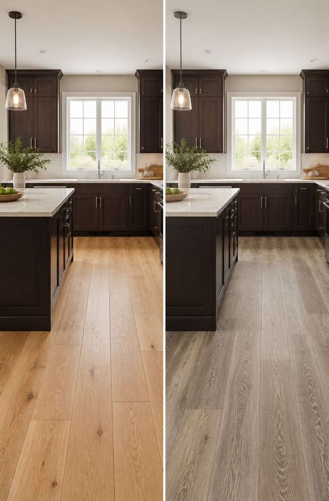Kitchen with dark cabinets and light flooring.
