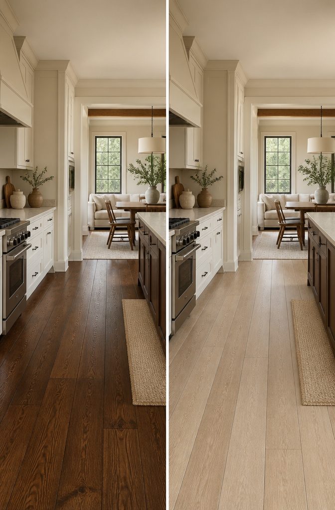 Kitchen with cream cabinets and dark hardwood floors.
