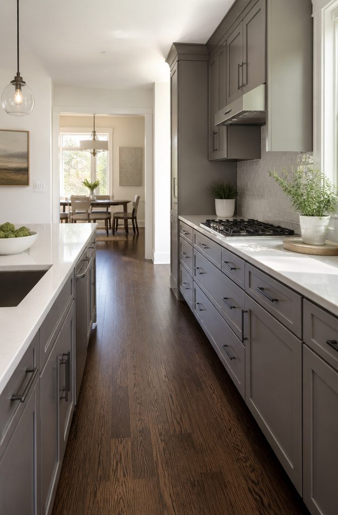 Kitchen with gray cabinets and dark hardwood floors.