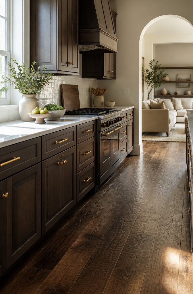 Kitchen with mocha cabinets and dark walnut floors.