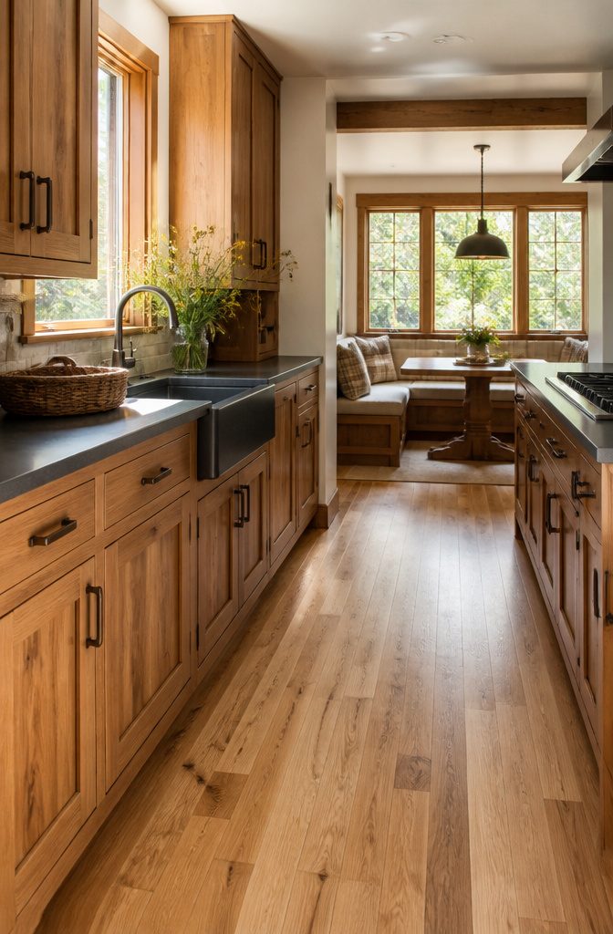 Kitchen with natural wood cabinets and lighter wood flooring.