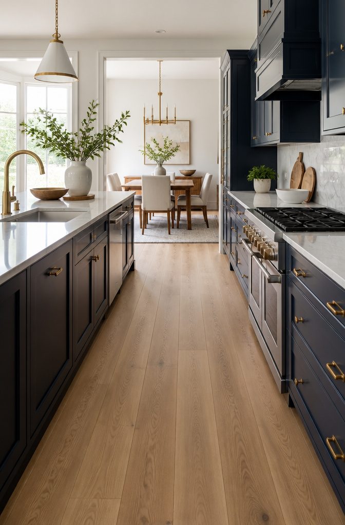Kitchen with navy blue cabinets and light oak flooring.