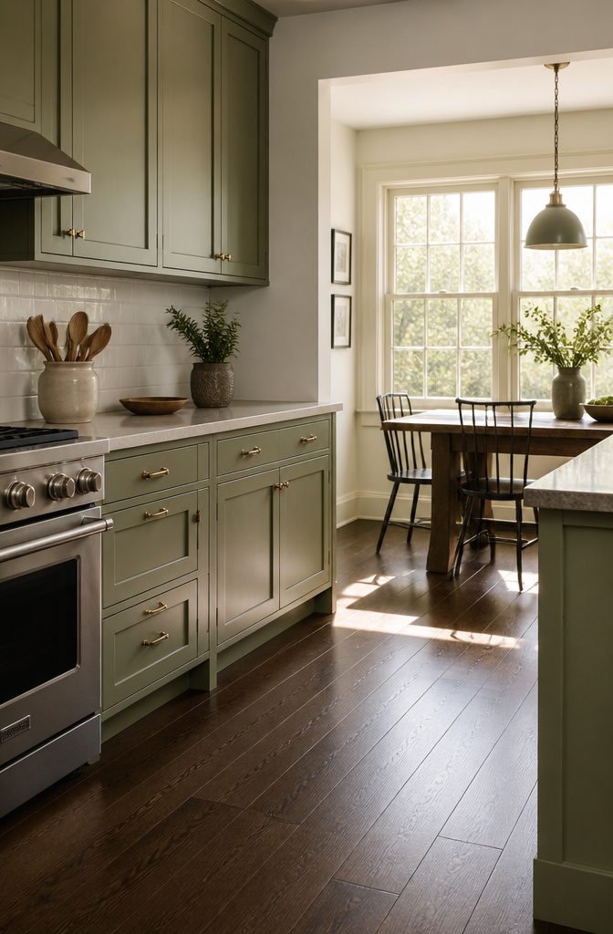 Kitchen with sage green cabinets and dark hardwood floors.