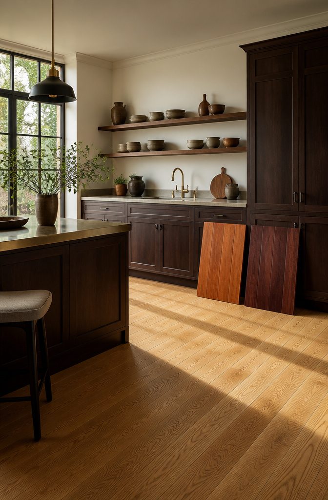 Bright kitchen with large windows illuminating wood samples.