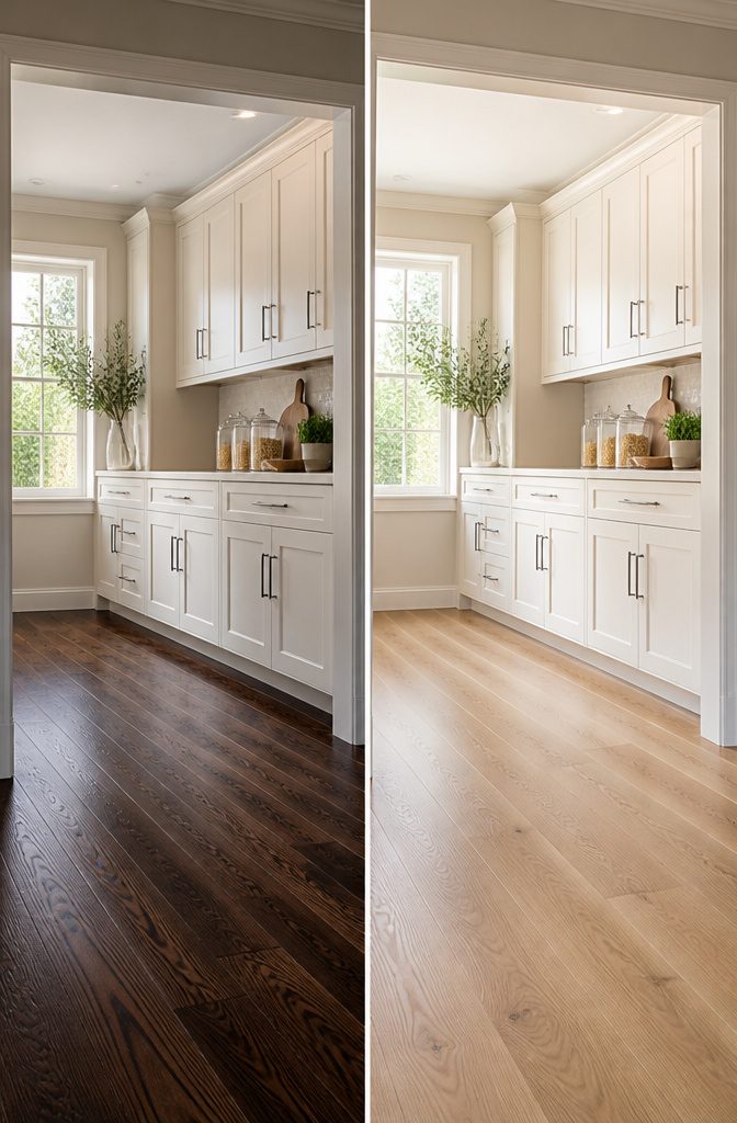 Kitchen with white cabinets and dark hardwood floors.