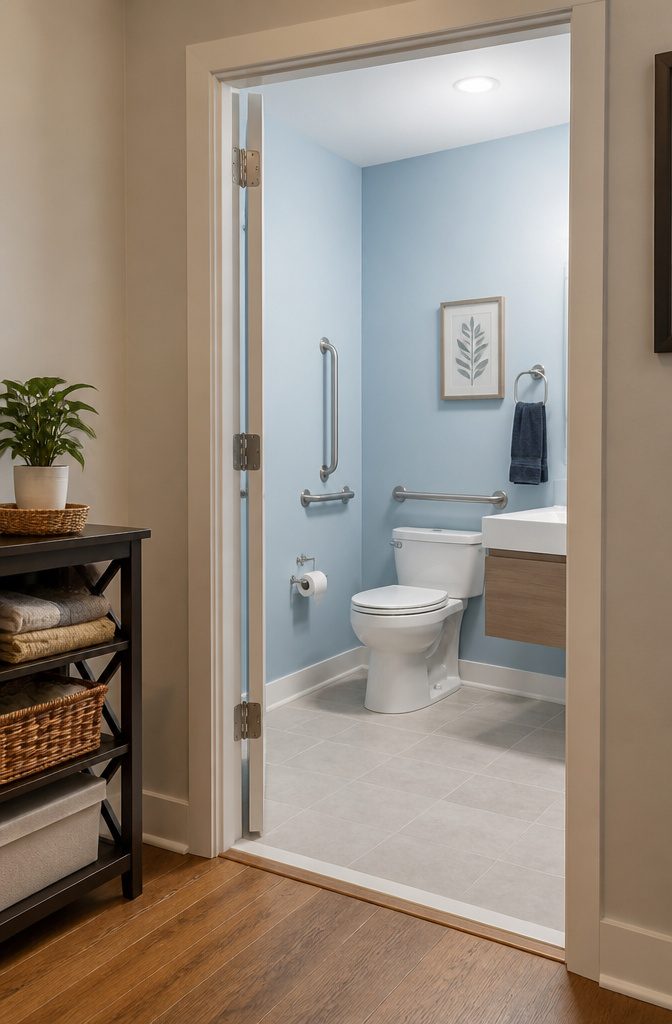 Half bathroom designed for accessibility with modern fixtures and light blue walls.