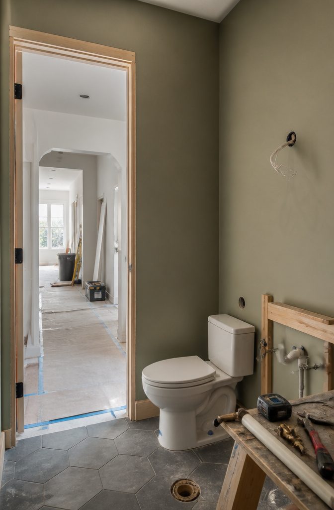 Partially finished half bathroom with a compact toilet and renovation tools.