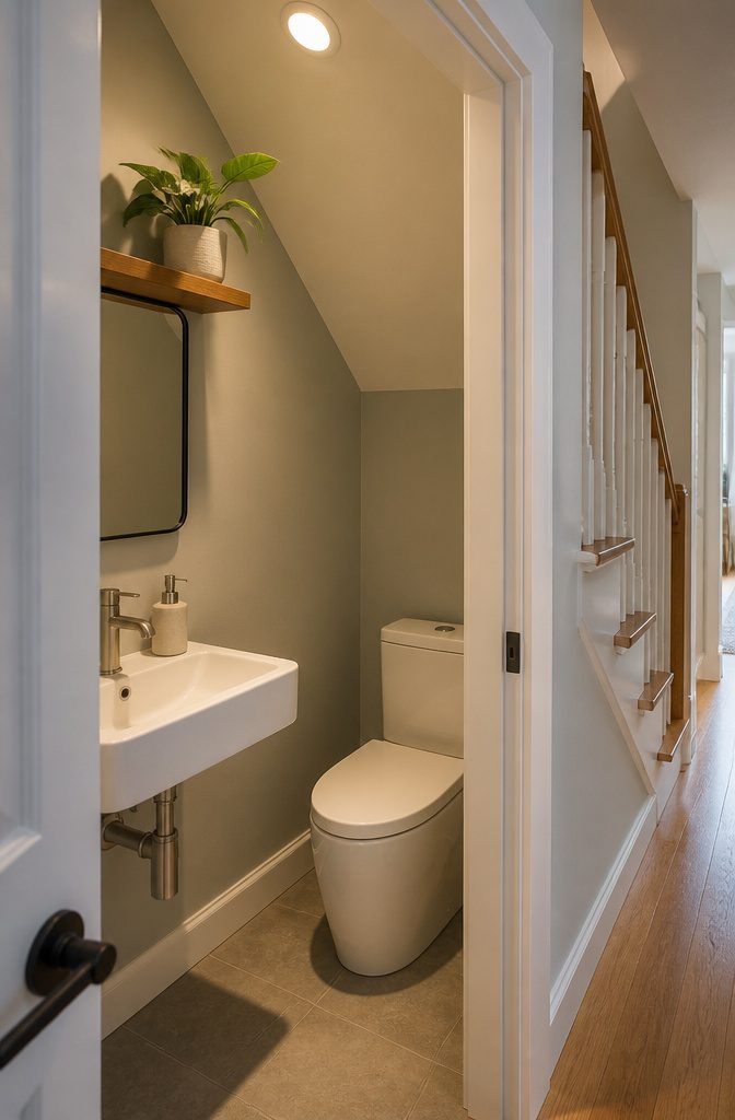 Half bathroom with a modern sink, toilet, and soft gray walls.