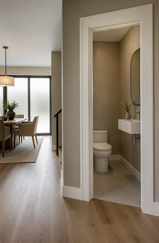 Half bathroom positioned near a living room for guest convenience.