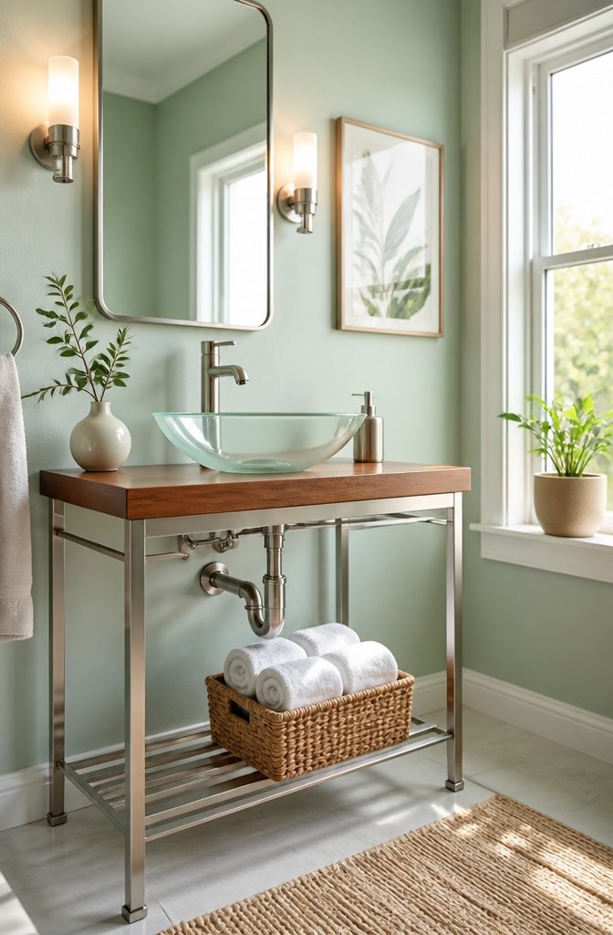 A console vanity with exposed plumbing and a simple design.