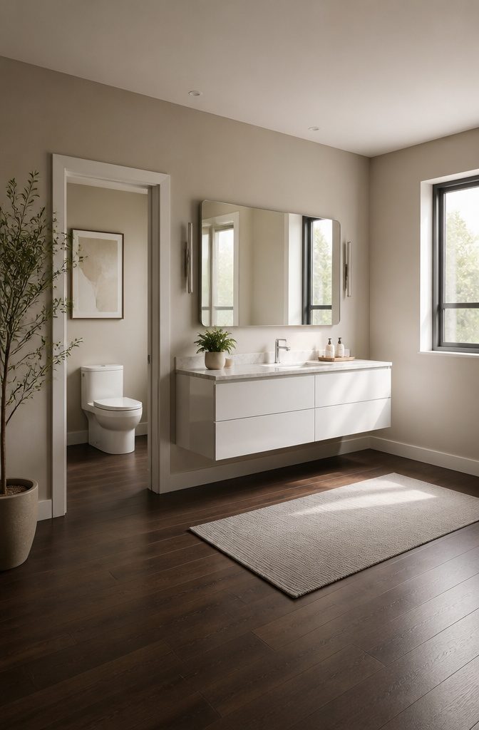 A wall-mounted floating vanity with visible floor space underneath.