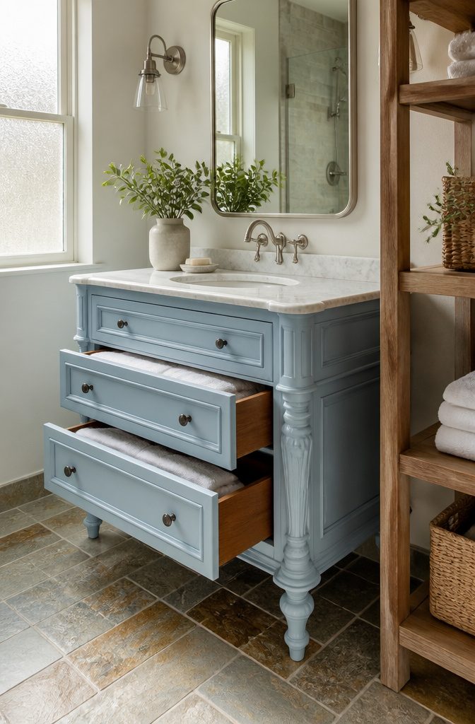 A freestanding vanity with a marble top and pastel blue finish.