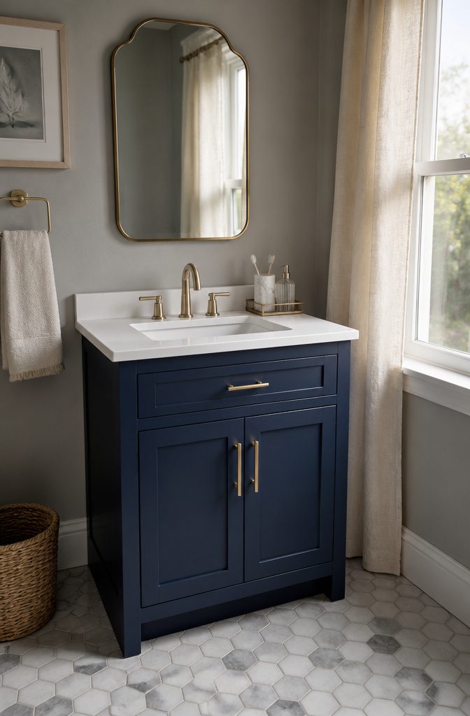 A single sink vanity with a navy blue finish and white countertop.