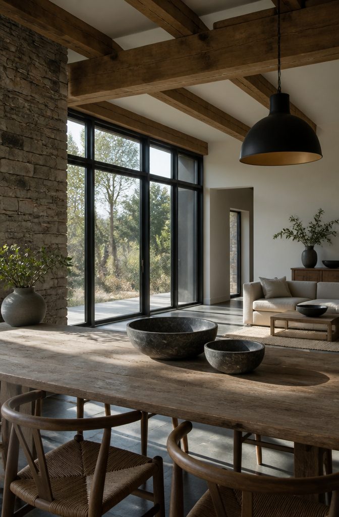 A room showcasing reclaimed wood beams and a stone accent wall.