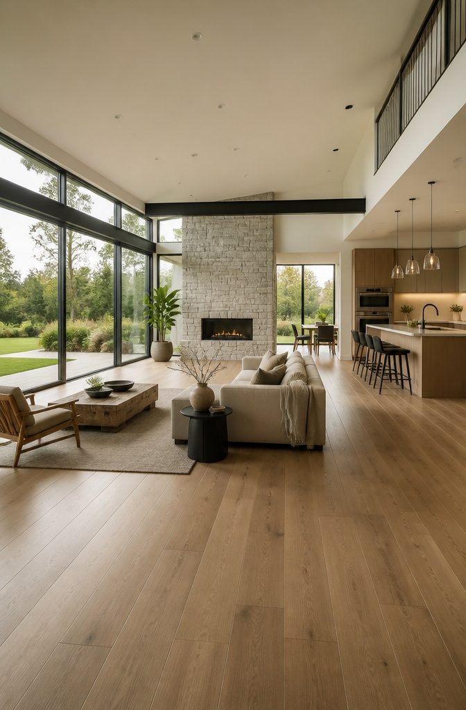 A room with floor-to-ceiling glass windows and an open layout.