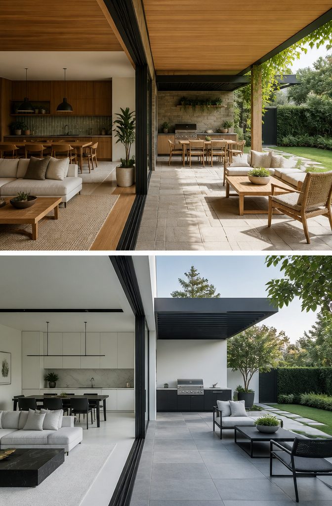 A contemporary home with sliding glass doors leading to an outdoor patio.