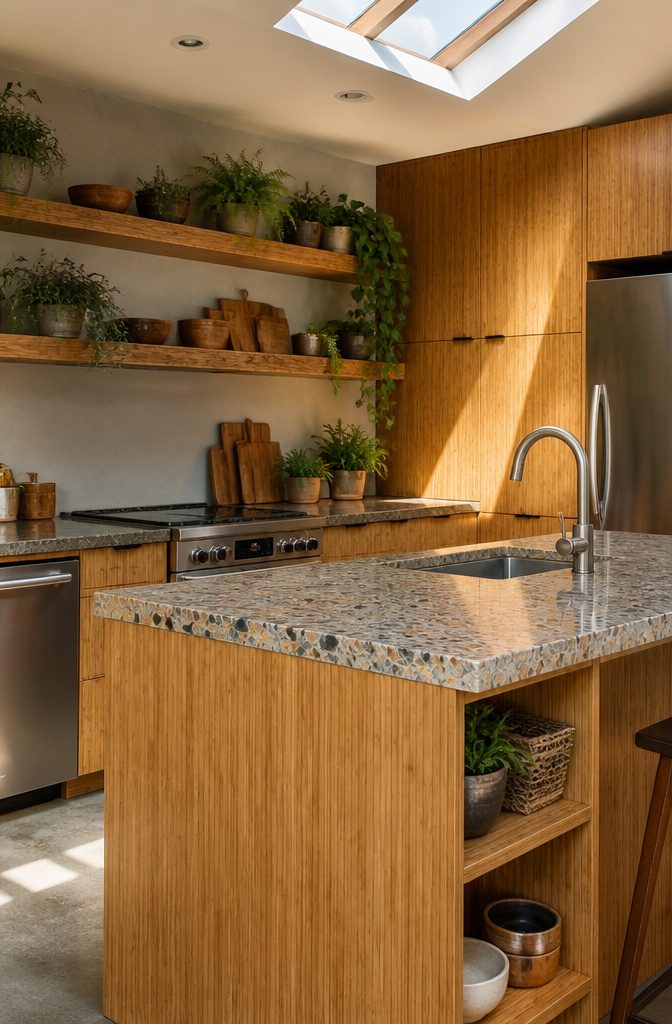 A contemporary home featuring solar panels and sustainable materials.