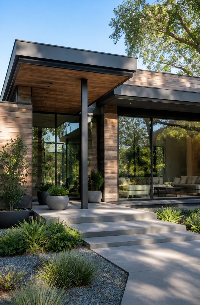 A contemporary home with a flat roof, reclaimed wood, and large glass windows.