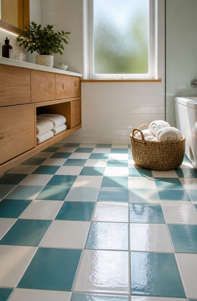 A vibrant checkerboard ceramic tile floor in a bathroom.