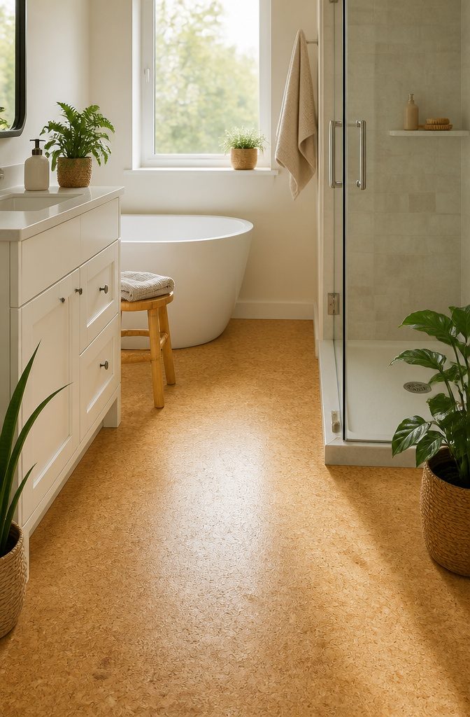 A naturally textured cork floor in a bathroom setting.