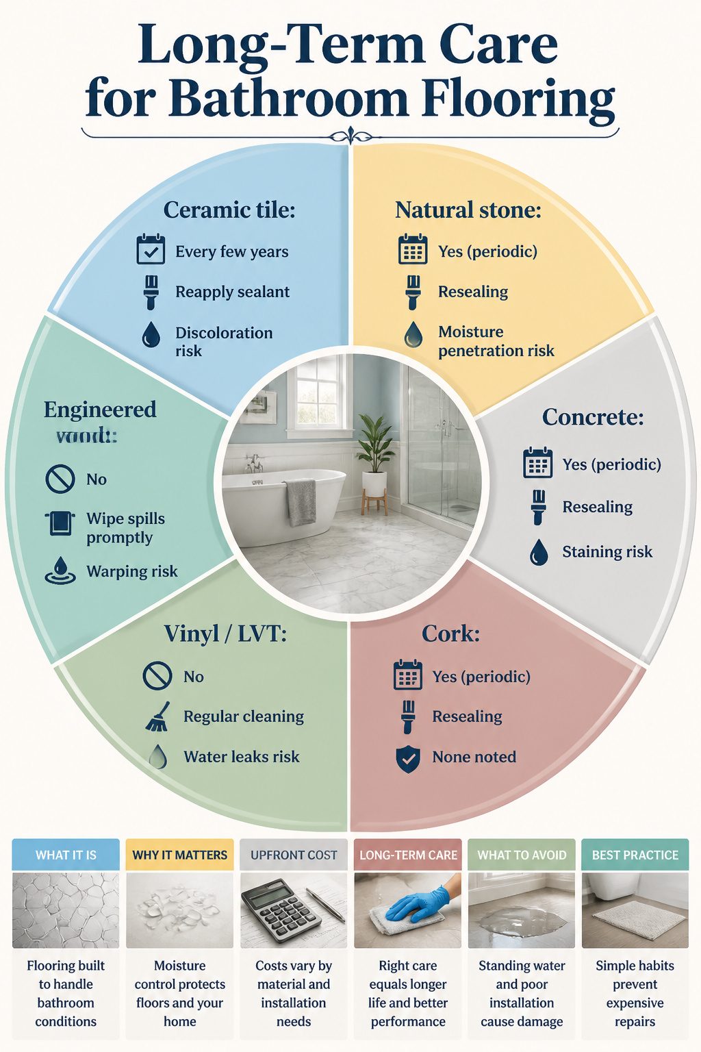 An infographic detailing long-term care for bathroom flooring.
