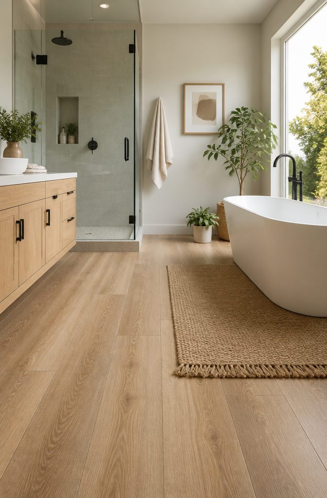 A contemporary bathroom with a beige luxury vinyl tile floor.