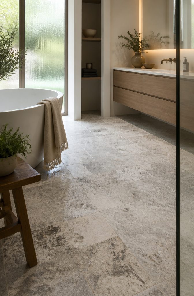 A striking natural stone floor with grey and cream hues.