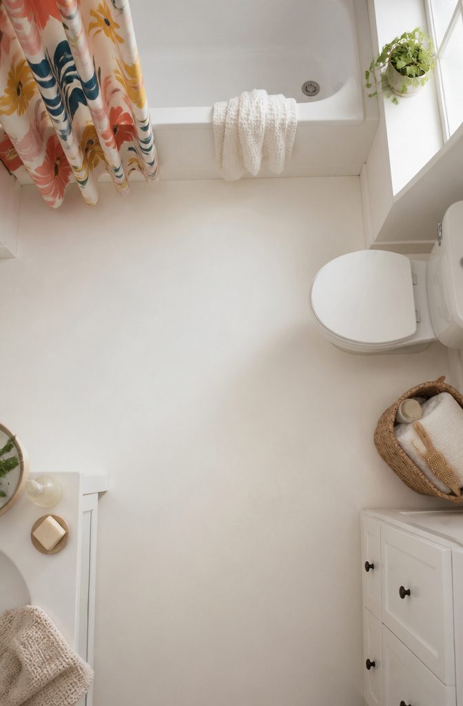 A bathroom floor made of seamless sheet vinyl.