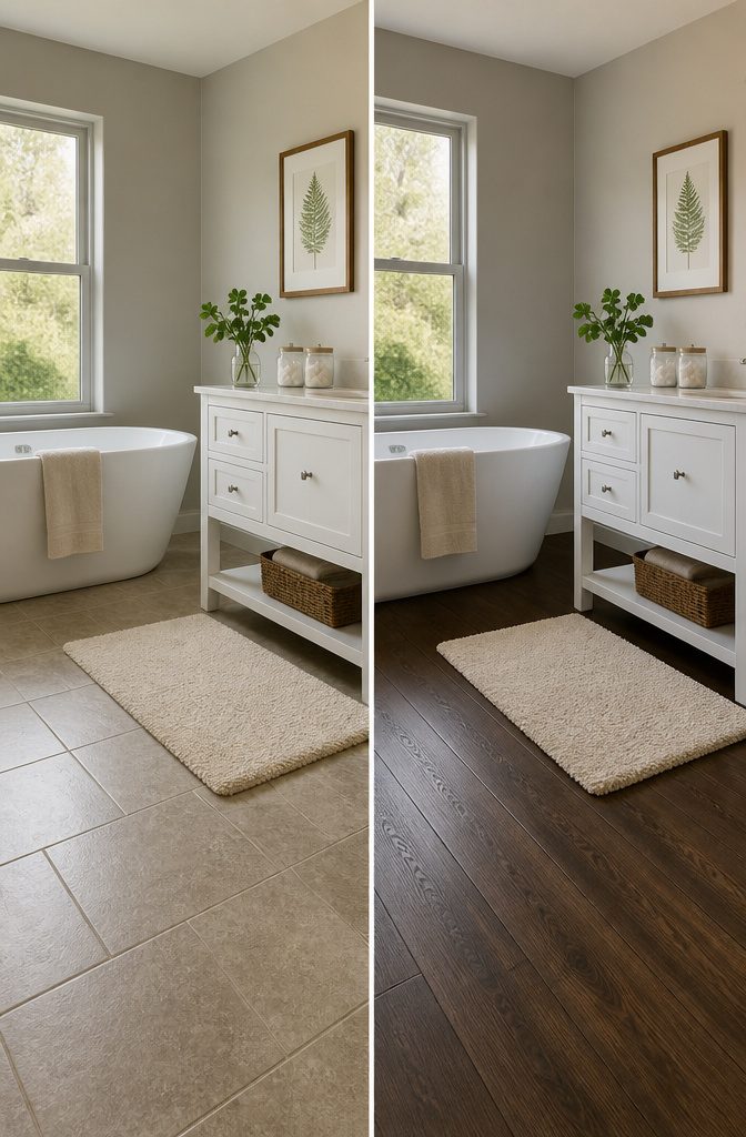 A bathroom with wood-look waterproof laminate flooring.