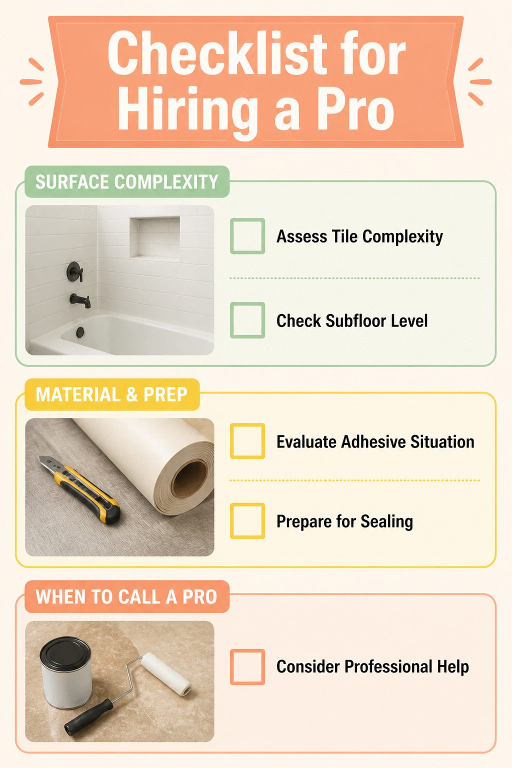 A checklist for hiring a professional for flooring installation.