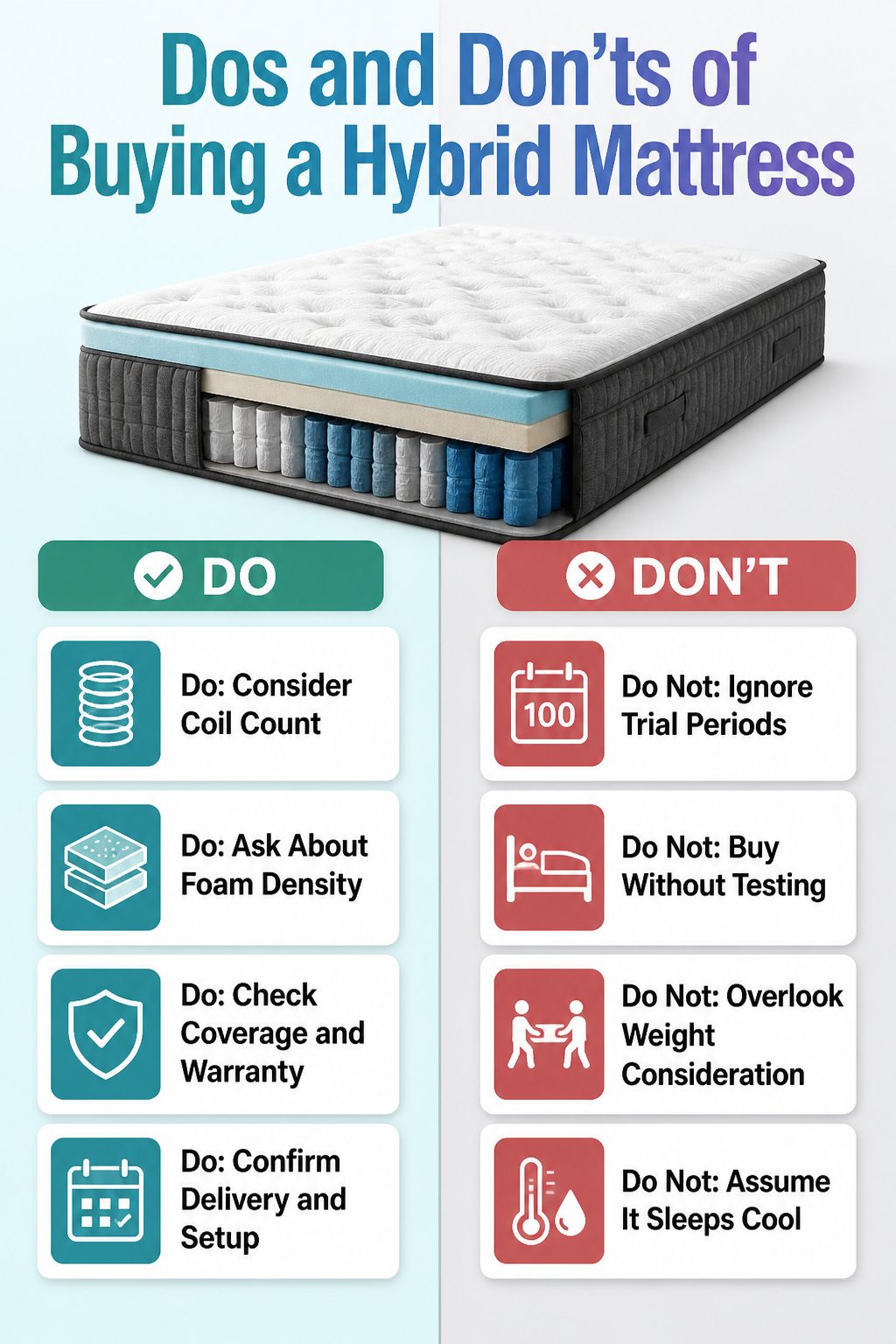 A guide showing dos and don'ts for purchasing a hybrid mattress.