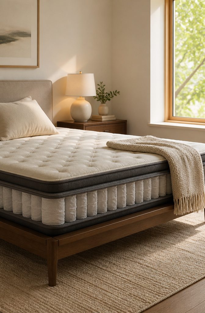 A hybrid mattress with plush memory foam and a decorative pillow.