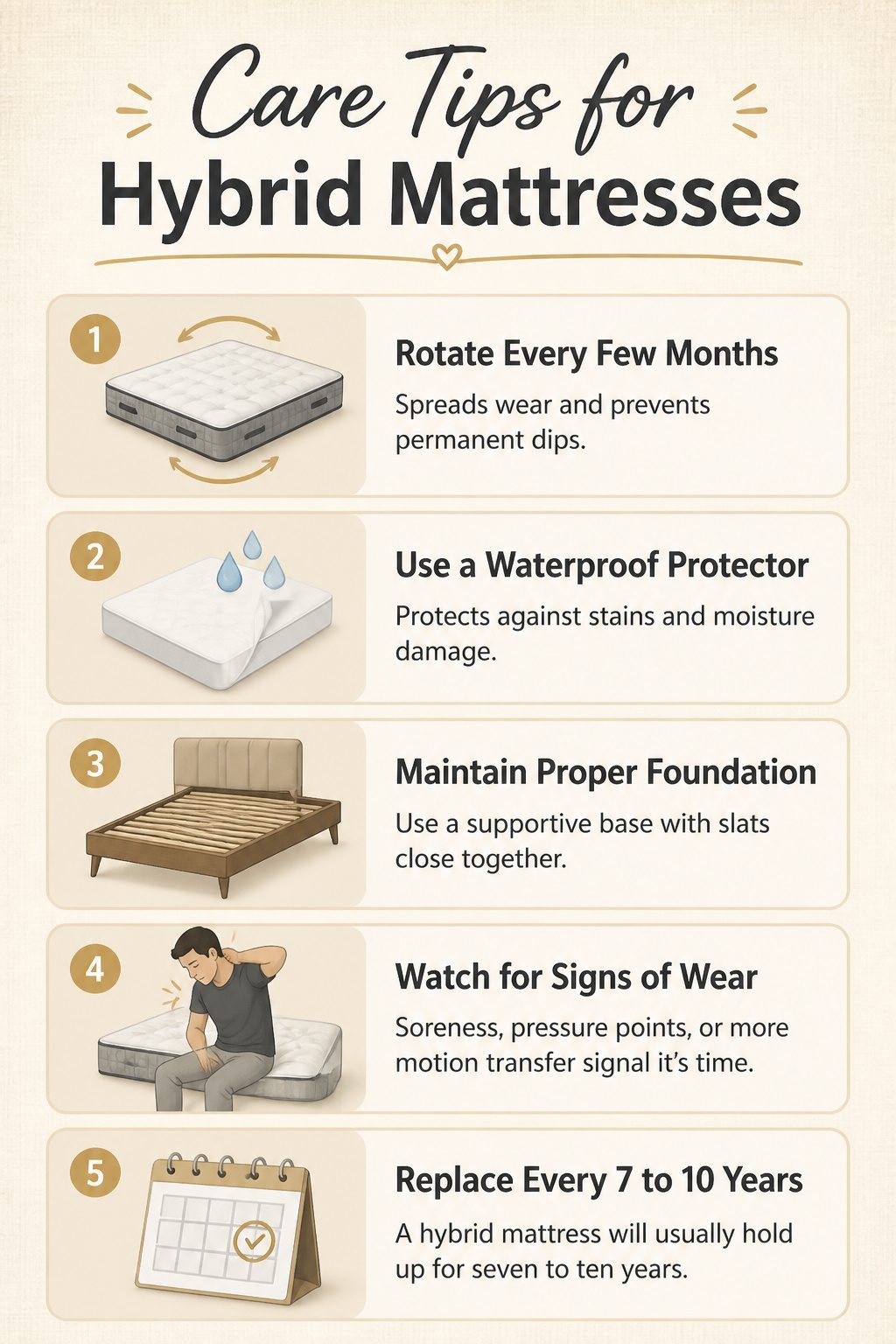 A guide on caring for hybrid mattresses with tips for longevity.