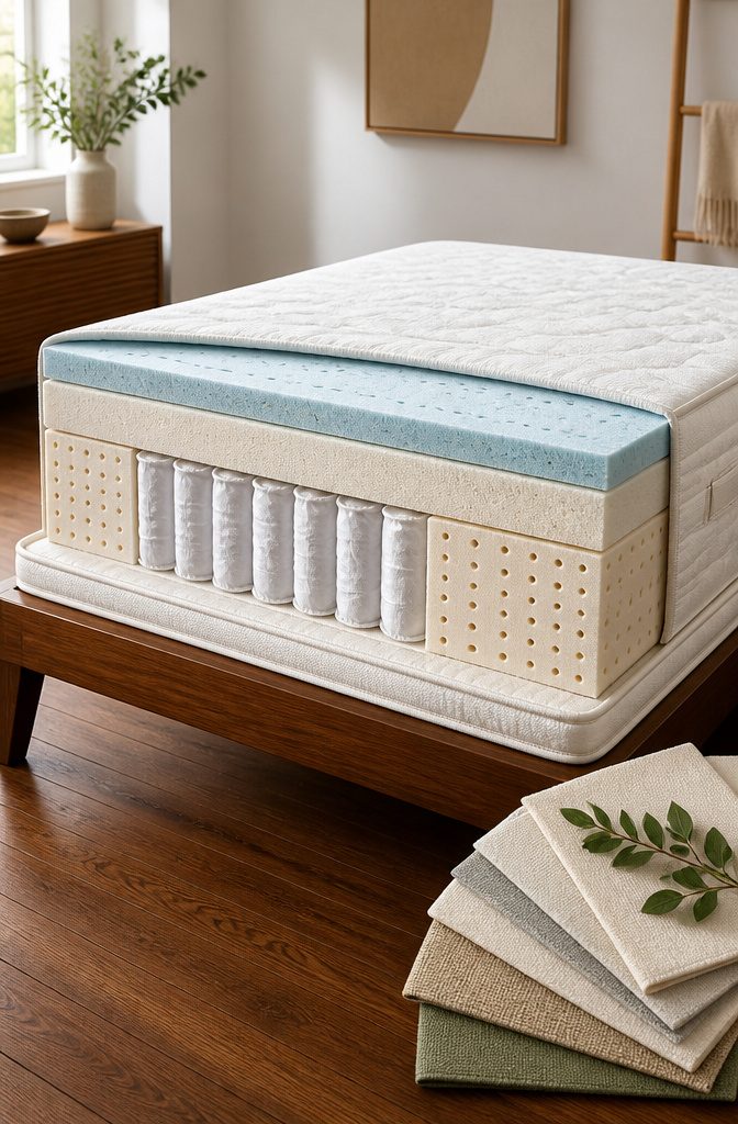 A cutaway hybrid mattress displaying its pocketed coils and foam layers.