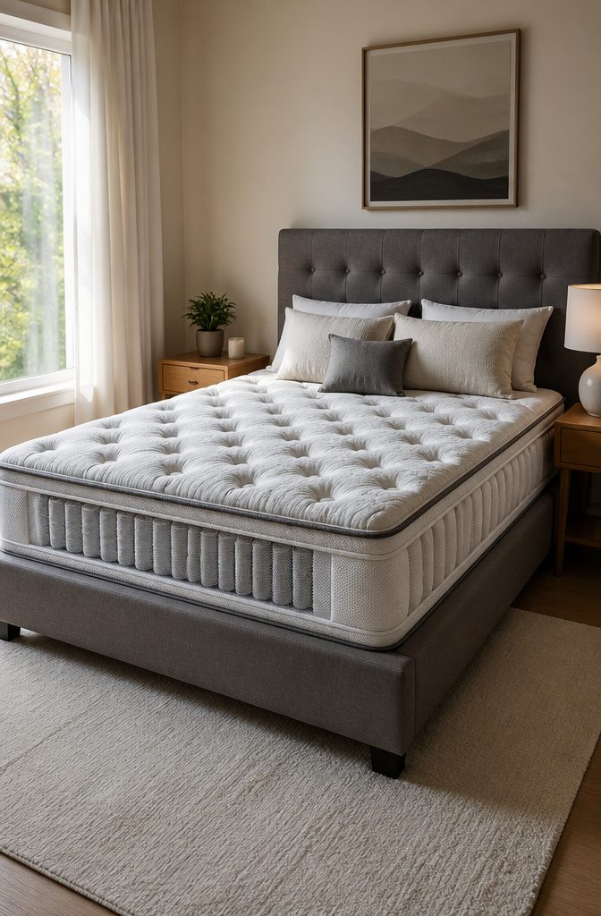 A hybrid mattress showing its pocketed coils and gel-infused foam.