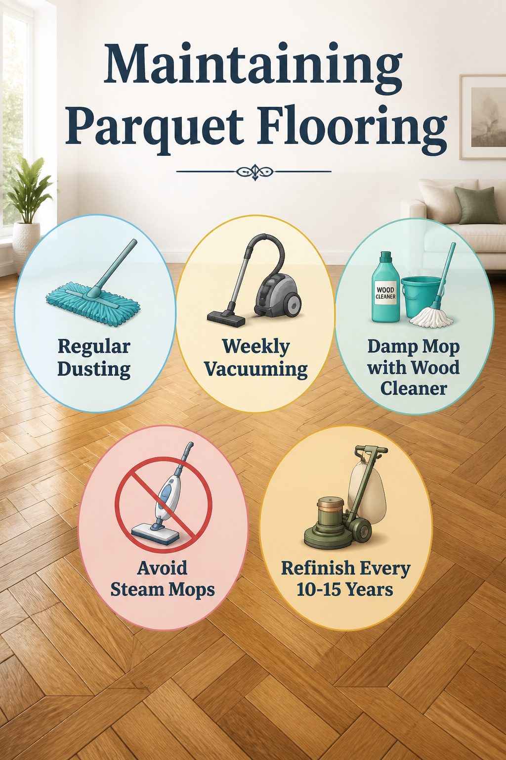 An image showing cleaning tools for maintaining parquet flooring.