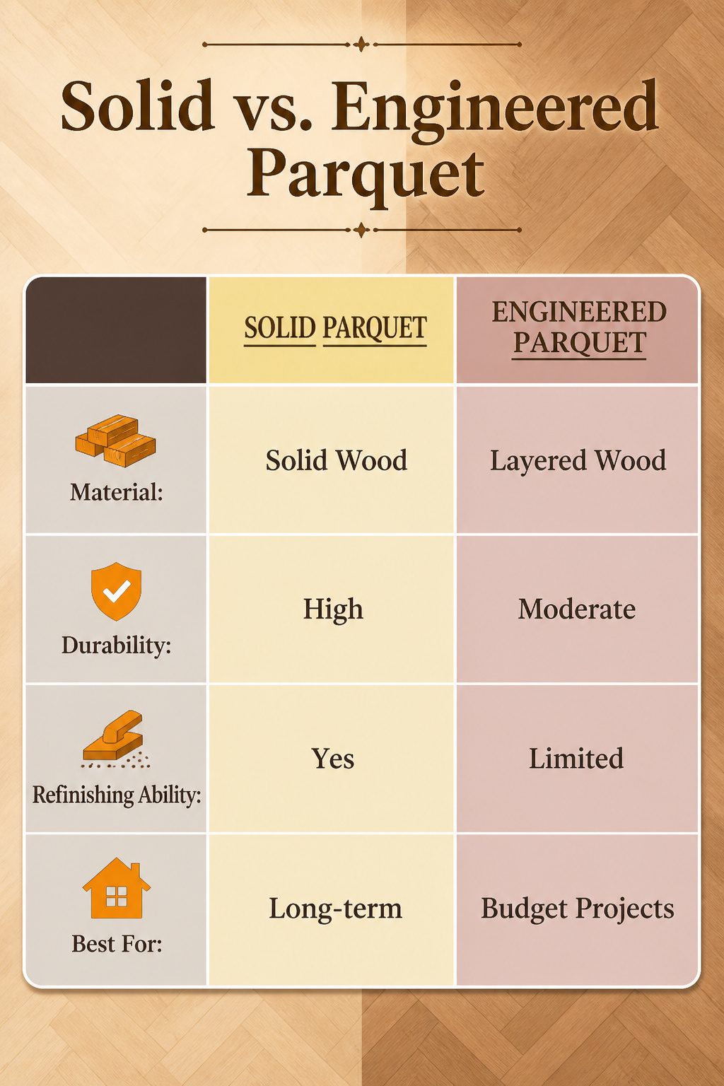 Visual comparison of solid and engineered parquet flooring.