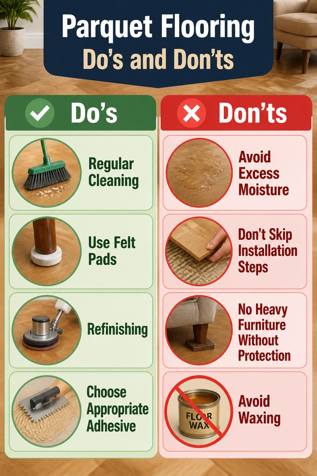 A graphic listing the do's and don'ts for parquet flooring.