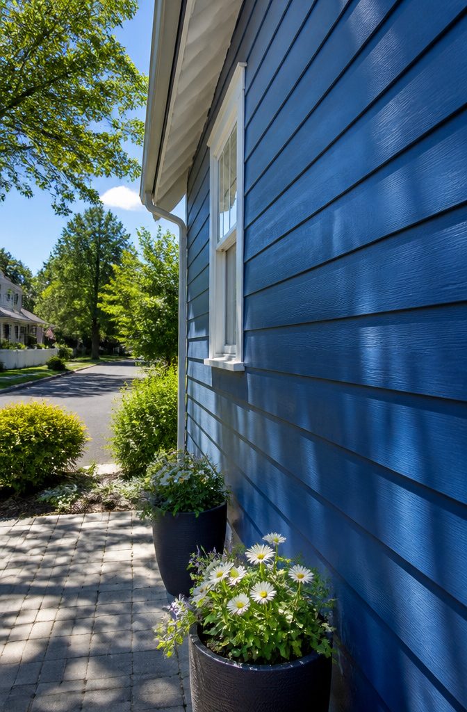 A freshly painted blue wall with a smooth texture and surrounding garden.