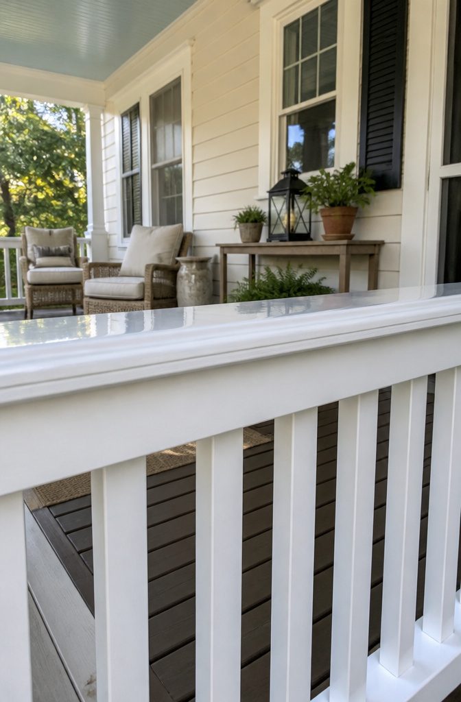 A close-up of a white porch railing painted with alkyd paint.