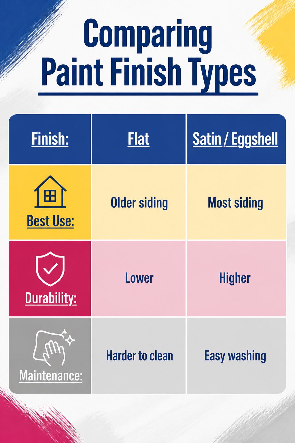 A chart comparing various paint finishes and their best applications.