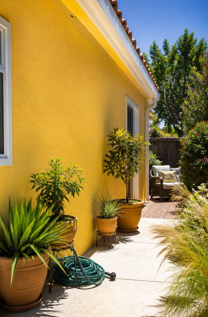 A suburban home's yellow side wall with potted plants at the base.