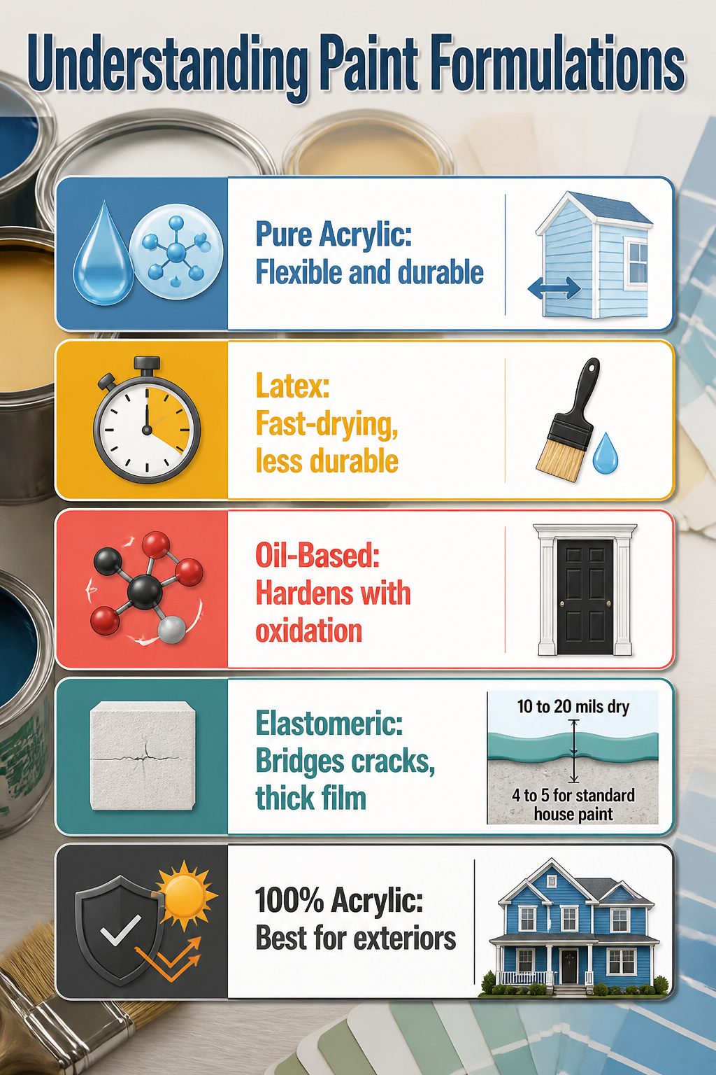 A visual guide detailing different paint formulations and their characteristics.