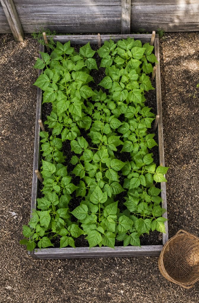 A raised garden bed with bush beans ready for harvest.